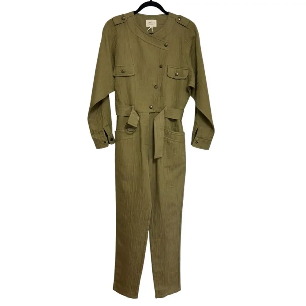 NWT Sezane Quilted Linen Cotton Hailey Jumpsuit in Olive Khaki - Size 34 (US 2)